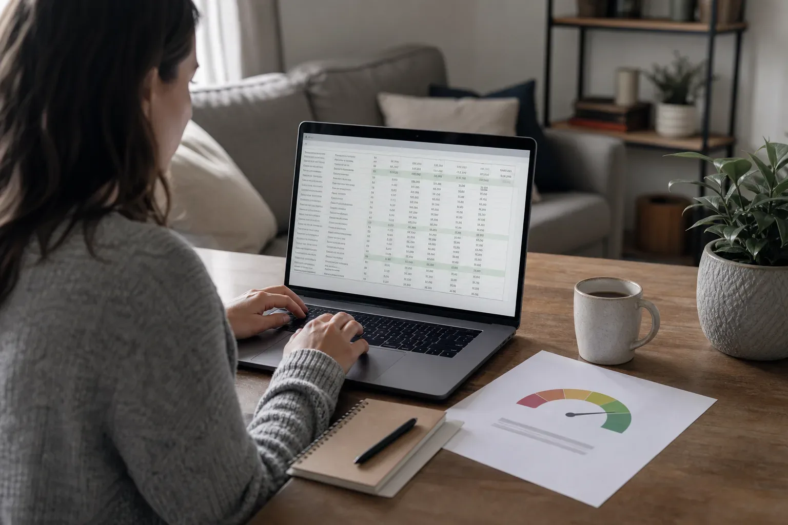 A person updating a personal finance spreadsheet on a laptop next to a credit score tracker printout