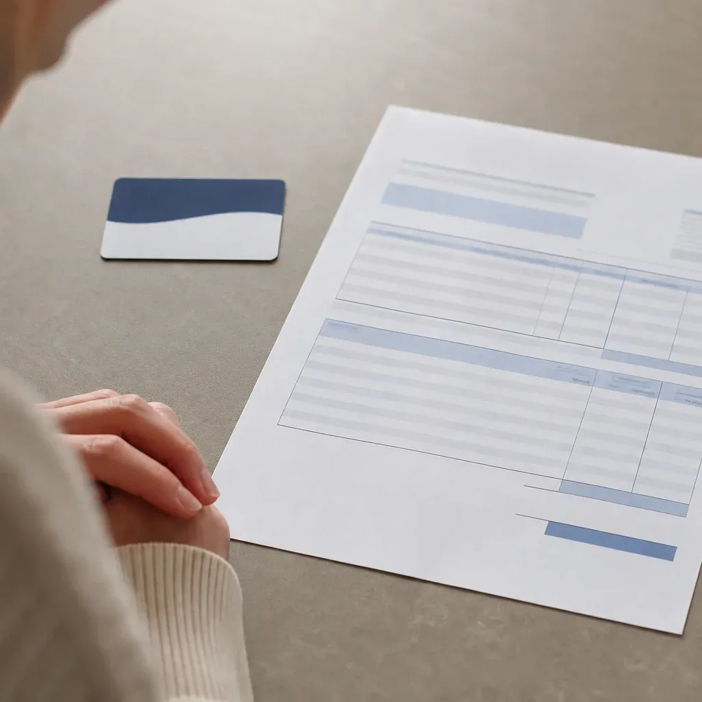 A healthcare billing summary document laid out next to a health insurance card on a table