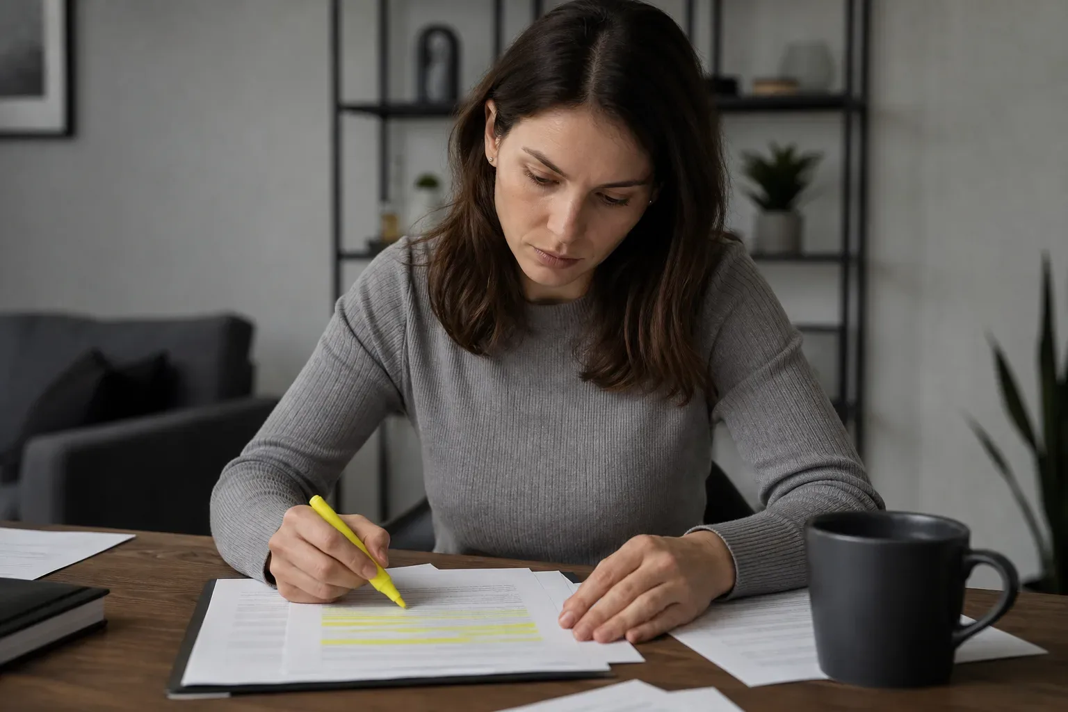 A person highlighting warning clauses in a loan contract with a yellow marker