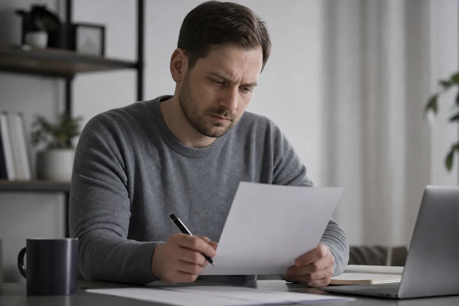 A person examining a list of financing options on a printed sheet with a pen in hand