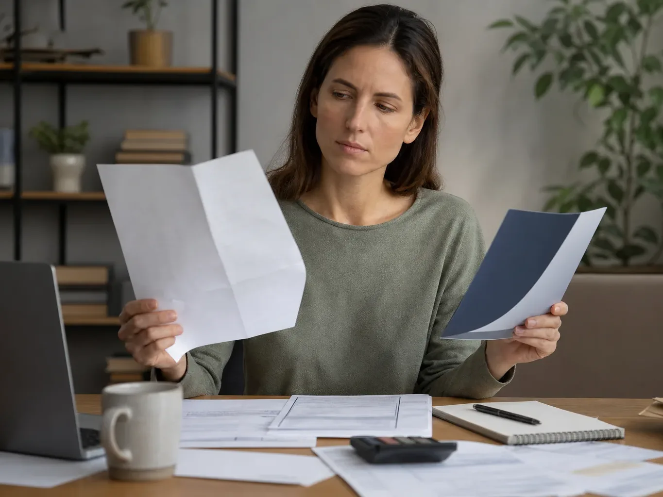 A person at a desk weighing a medical bill in one hand and a loan brochure in the other, looking thoughtful