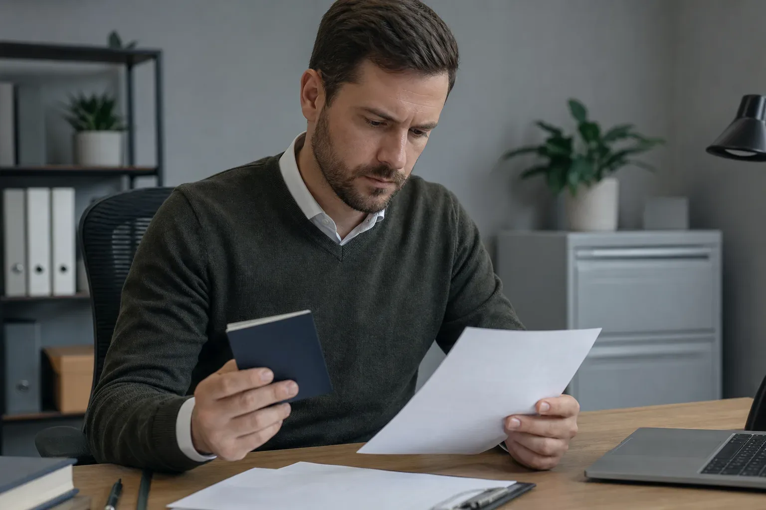 A lender examining a foreign passport and a set of employment documents at a desk