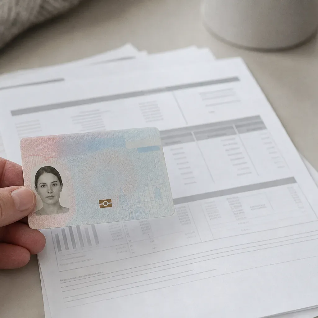 A close-up of a residence permit document and a utility bill lying on a desk