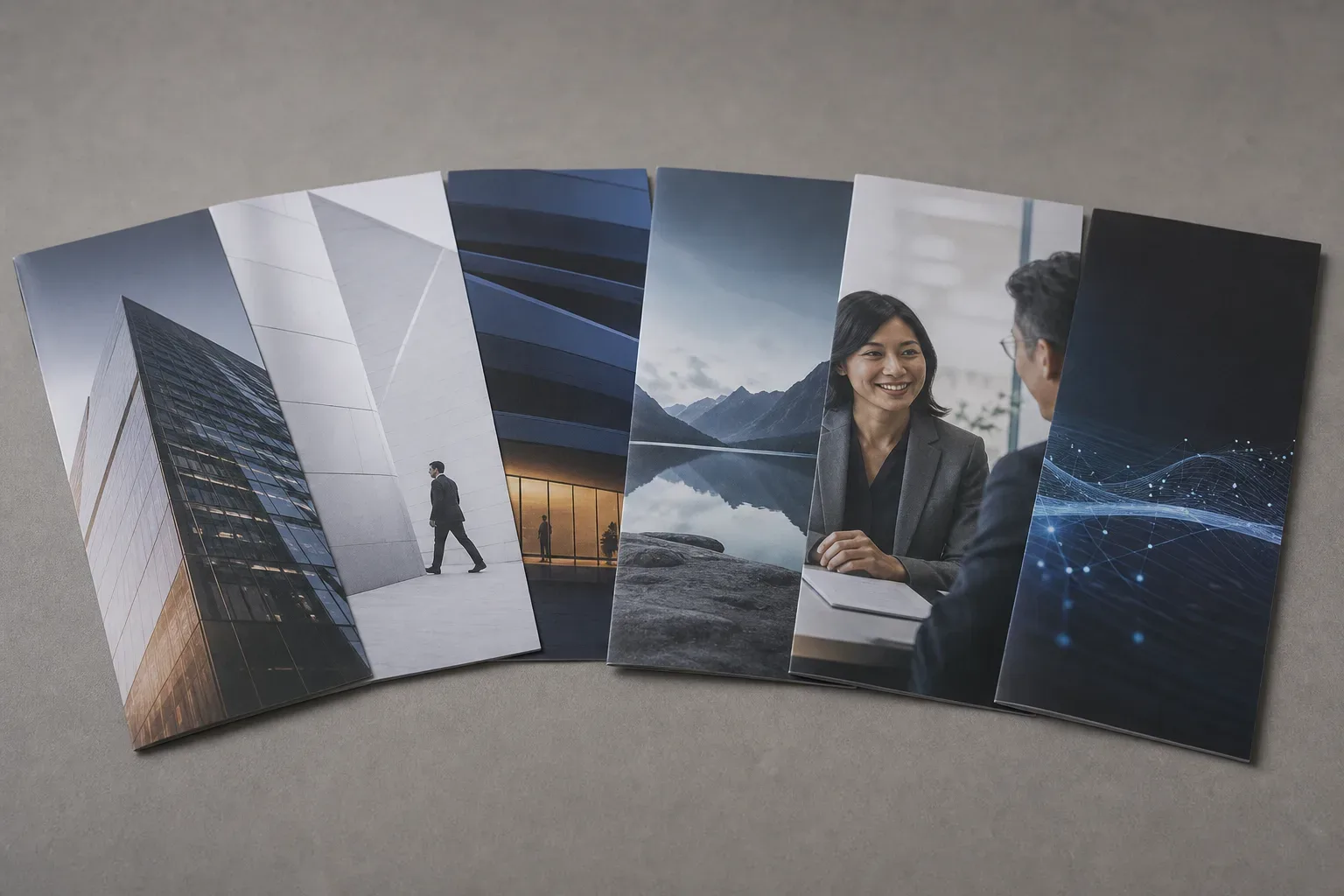 A row of different styled bank and fintech brochures fanned out on a table