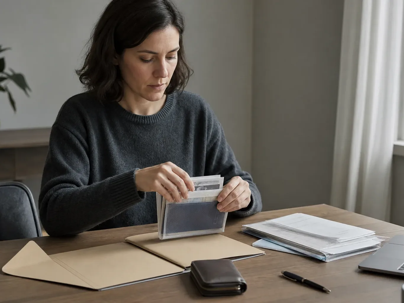 A person organising a neat stack of identity and financial documents into a folder