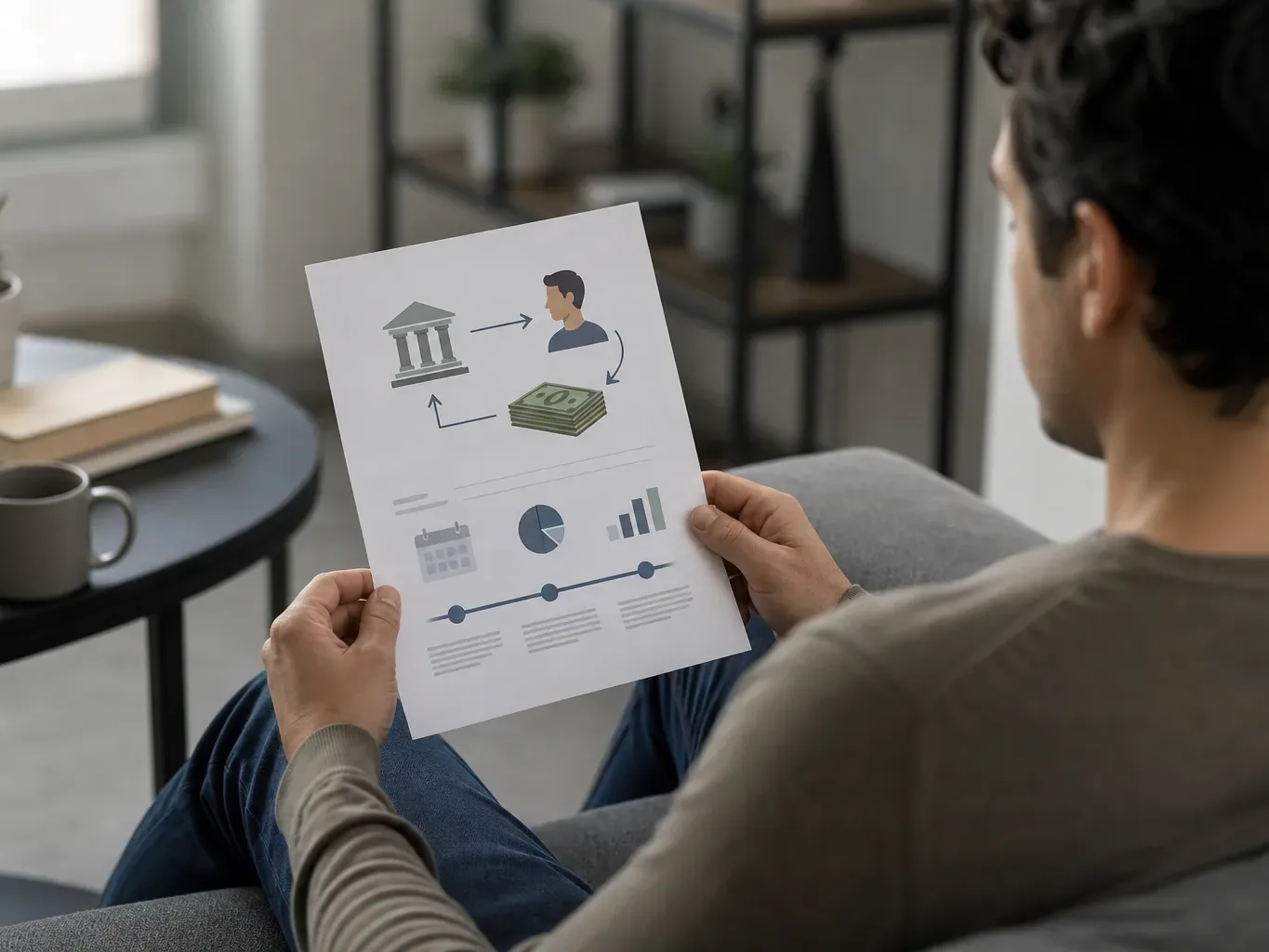 A person reading a one-page explainer on personal loans with diagrams of loan flow arrows