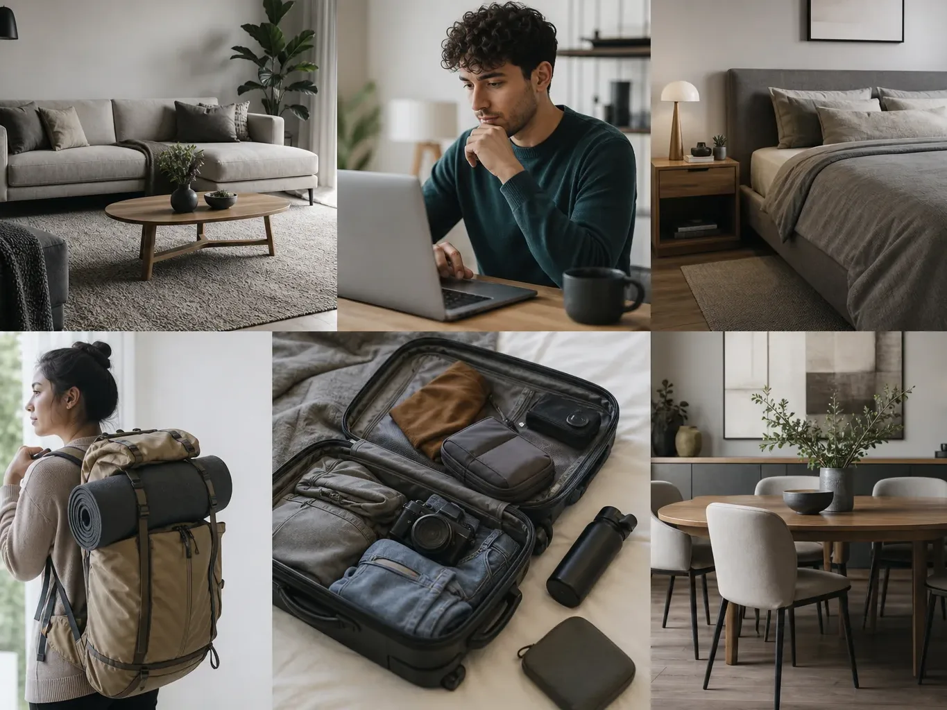 A collage printout of typical loan-funded purchases including furniture, a laptop, and travel gear