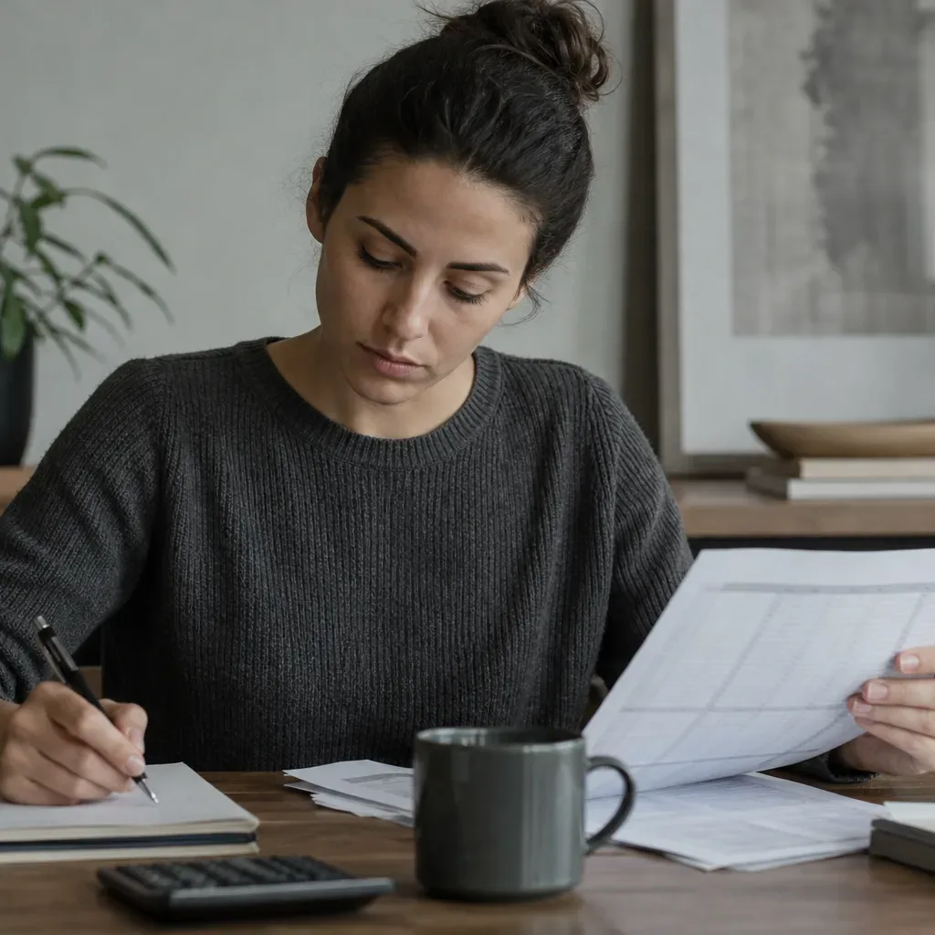 A person writing a borrowing checklist in a notebook with a pen while referencing a budget sheet