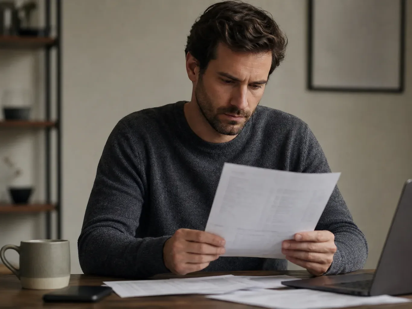 A man reviewing a bank statement at a desk with a cup of coffee beside him