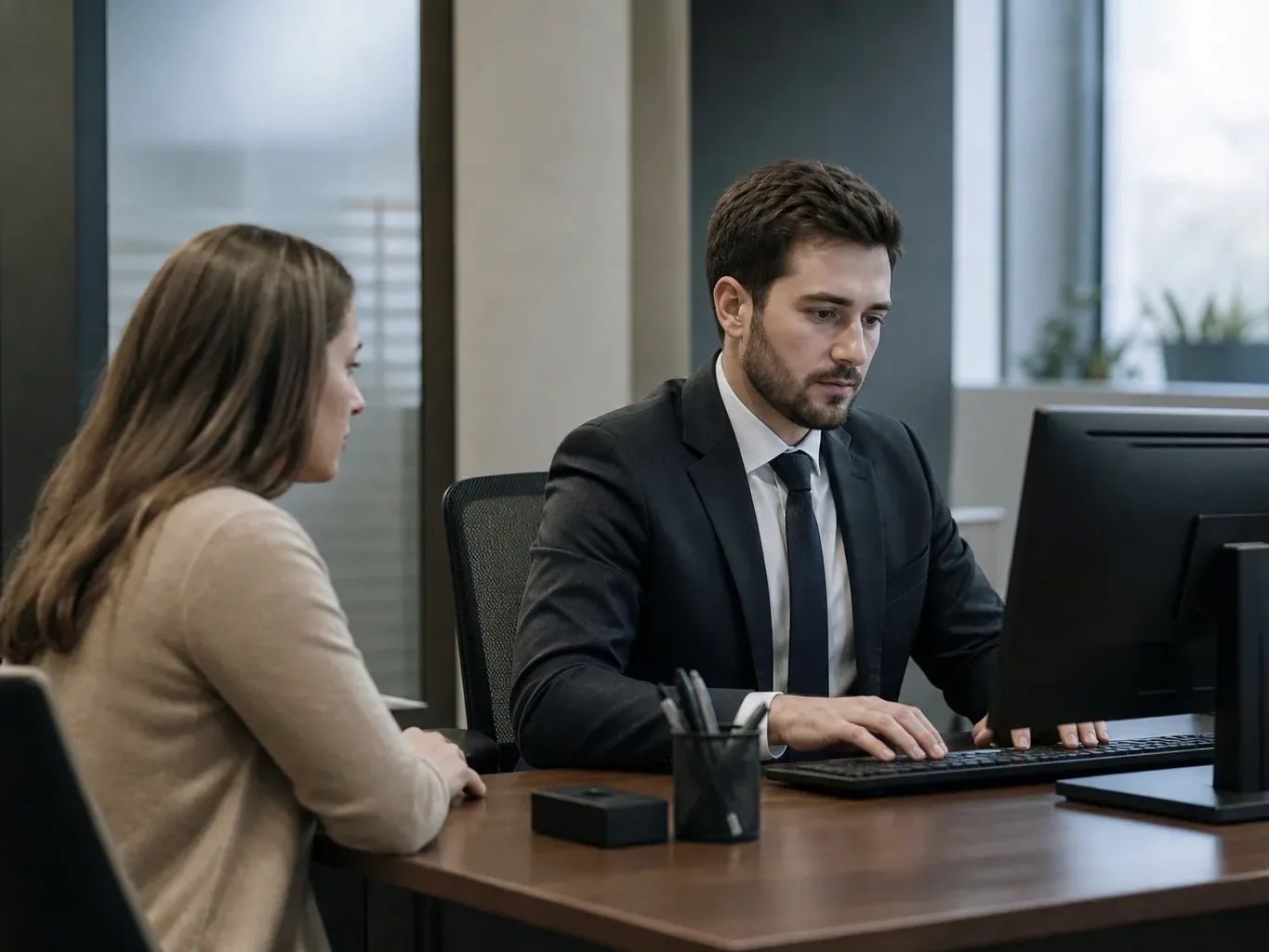 A bank officer typing figures into a computer while a customer watches from across the desk
