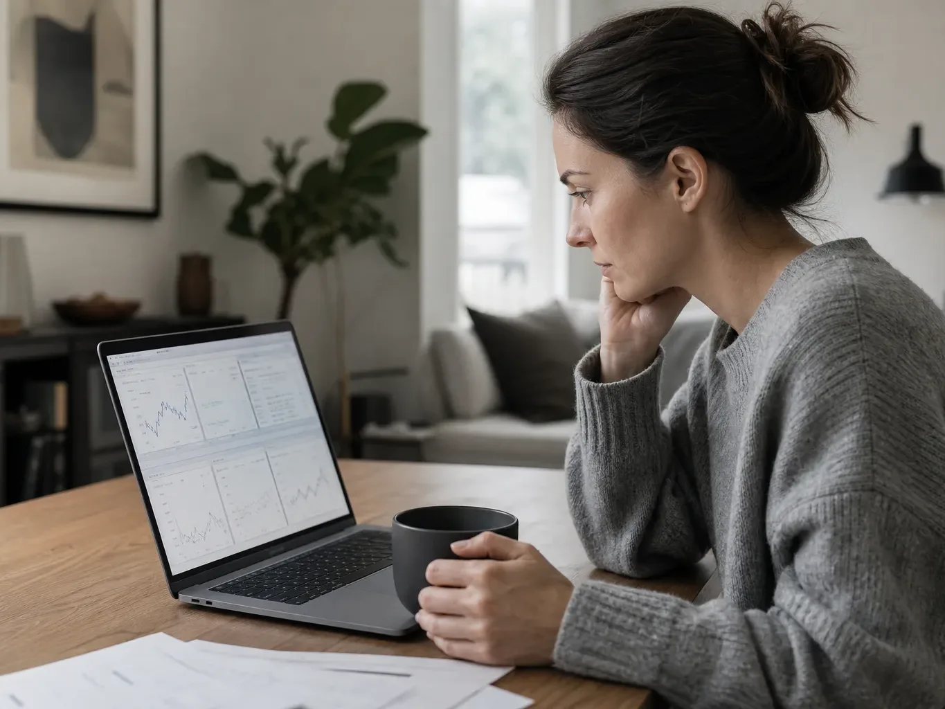 A woman on a laptop comparing multiple browser tabs of financial information