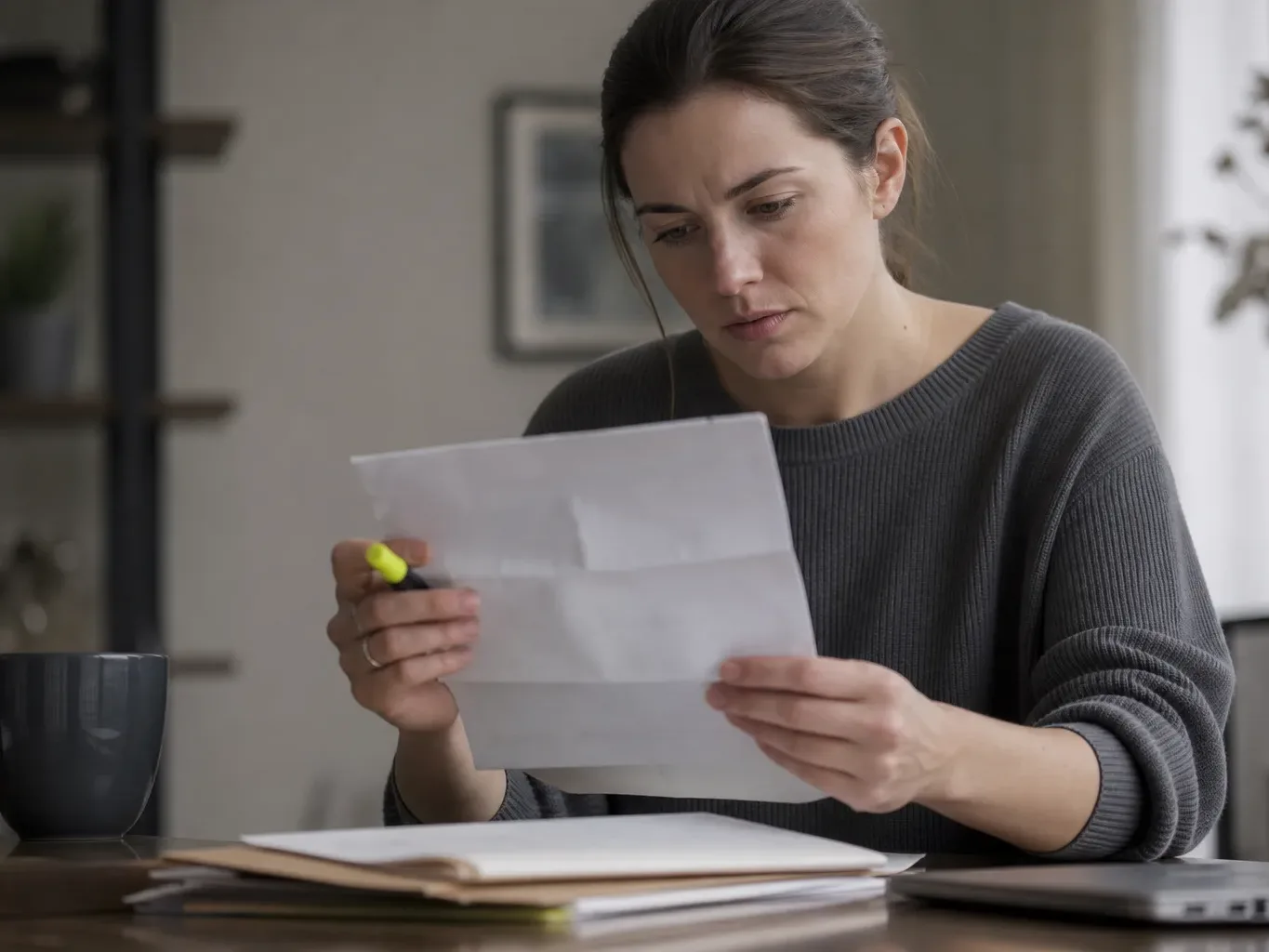 A person reading a folded legal document with a highlighter in hand