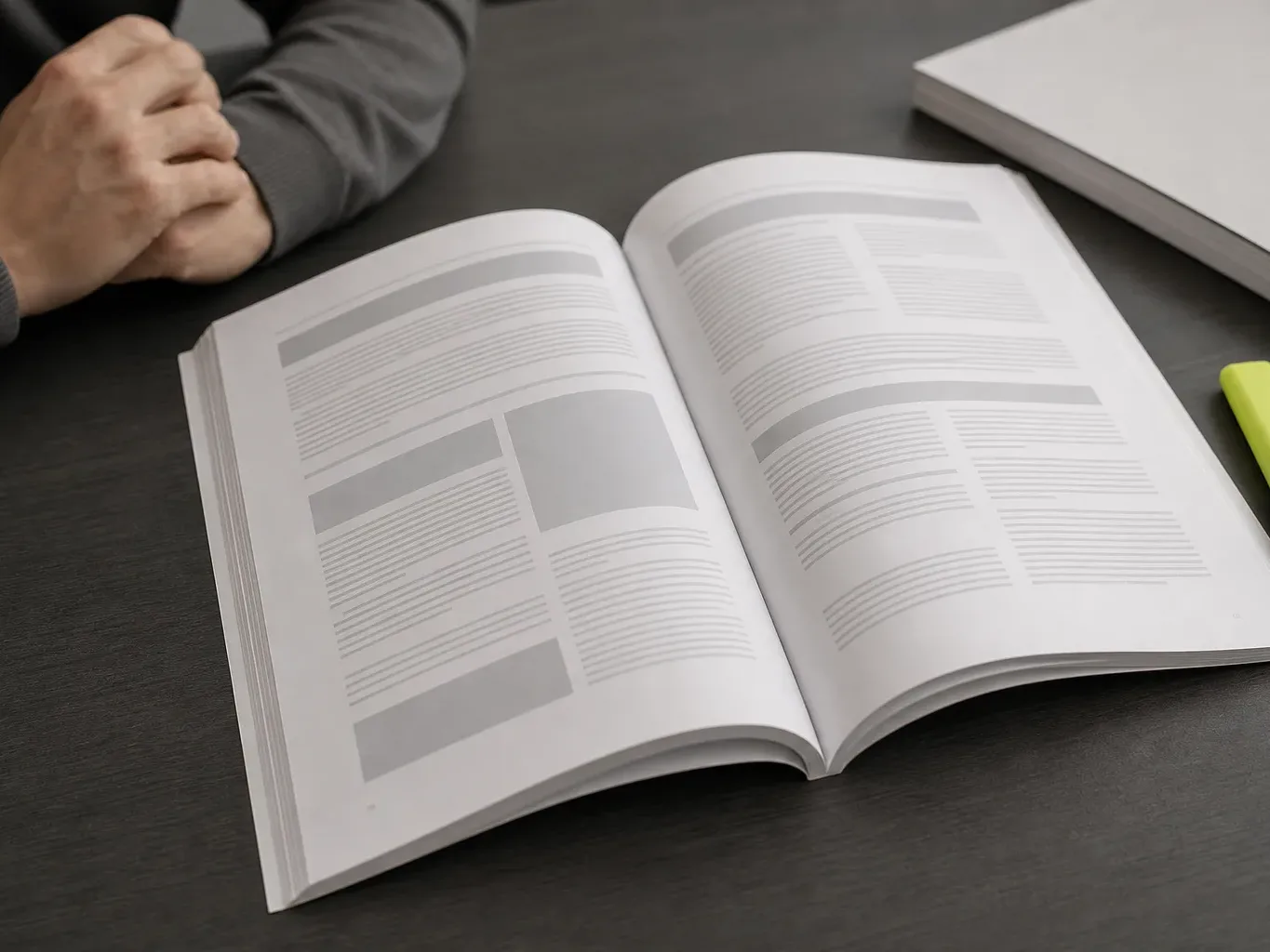 A printed regulatory guidelines document spread open on a desk next to a highlighter
