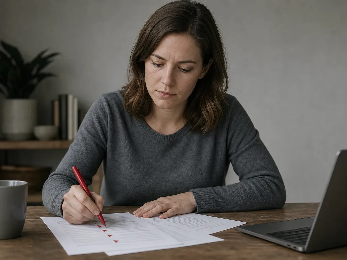 A person using a red pen to mark warning flags on a list of lender terms