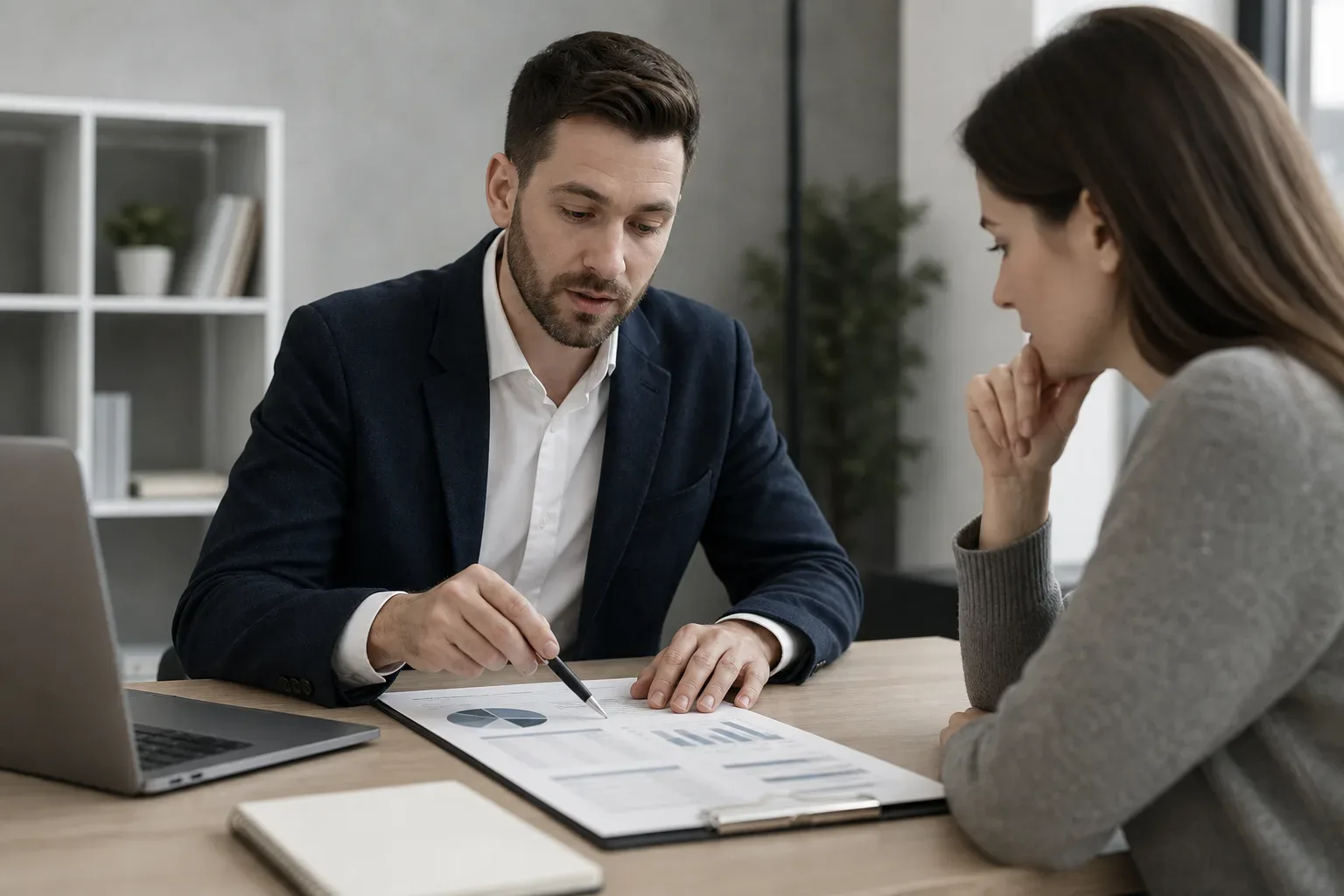 A loan officer pointing to variables on a repayment breakdown chart on a desk