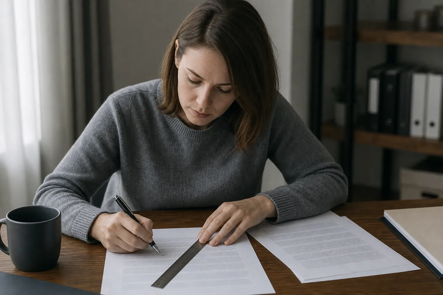 A person using a ruler and pen to follow specific clauses in a printed loan contract