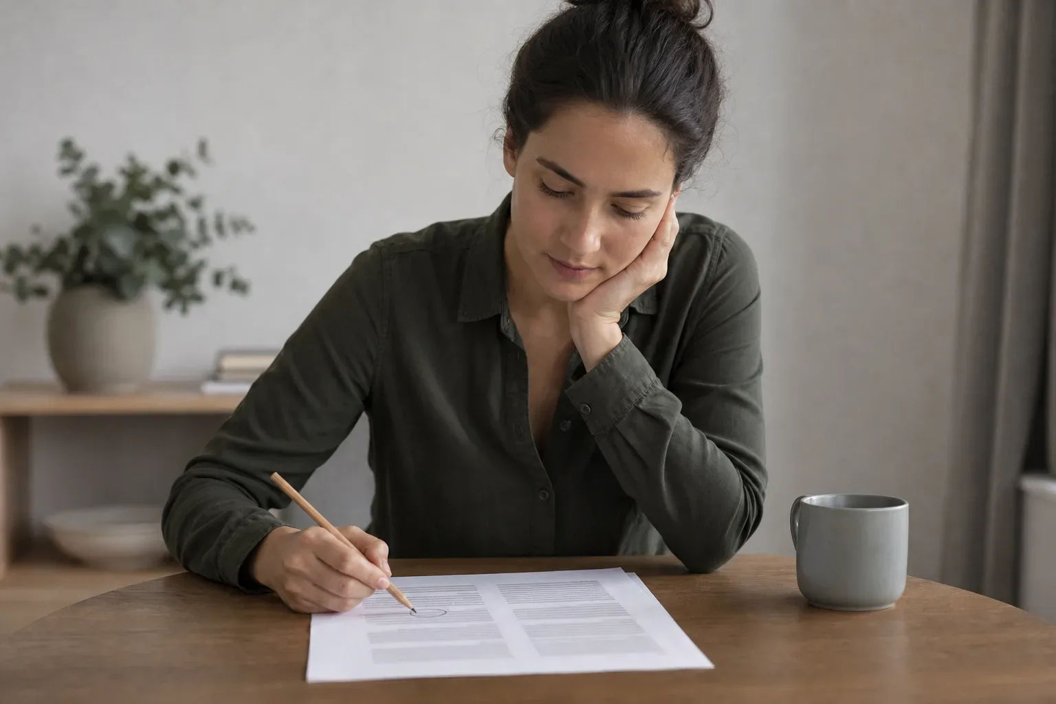 A person circling a question on a printed FAQ sheet with a pencil while seated at a table