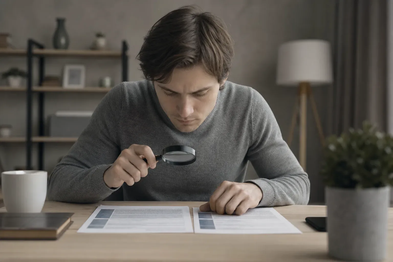 A person using a magnifying glass to examine the small print of two loan offer brochures side by side