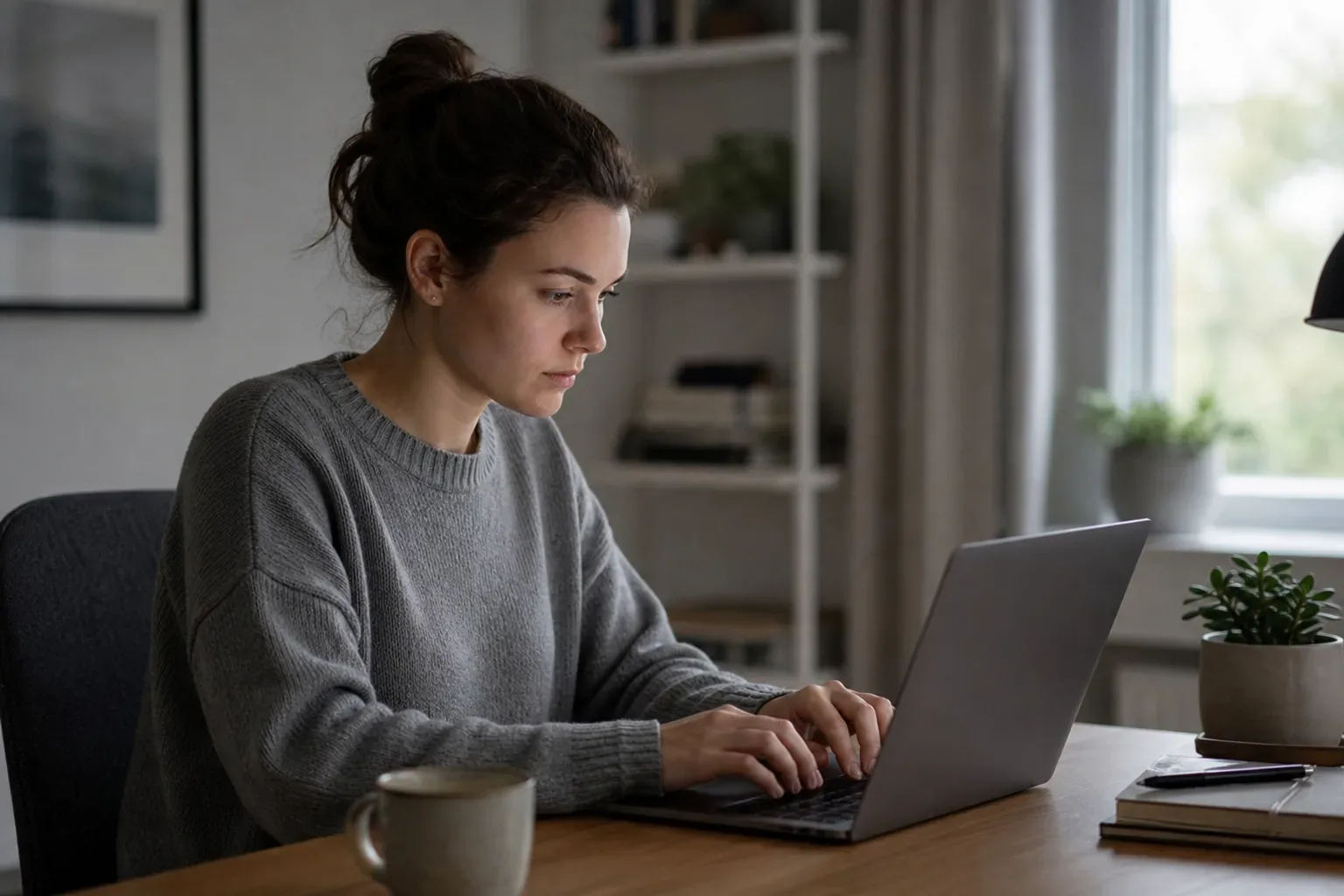 A person typing questions about loan risks into a laptop at a home desk