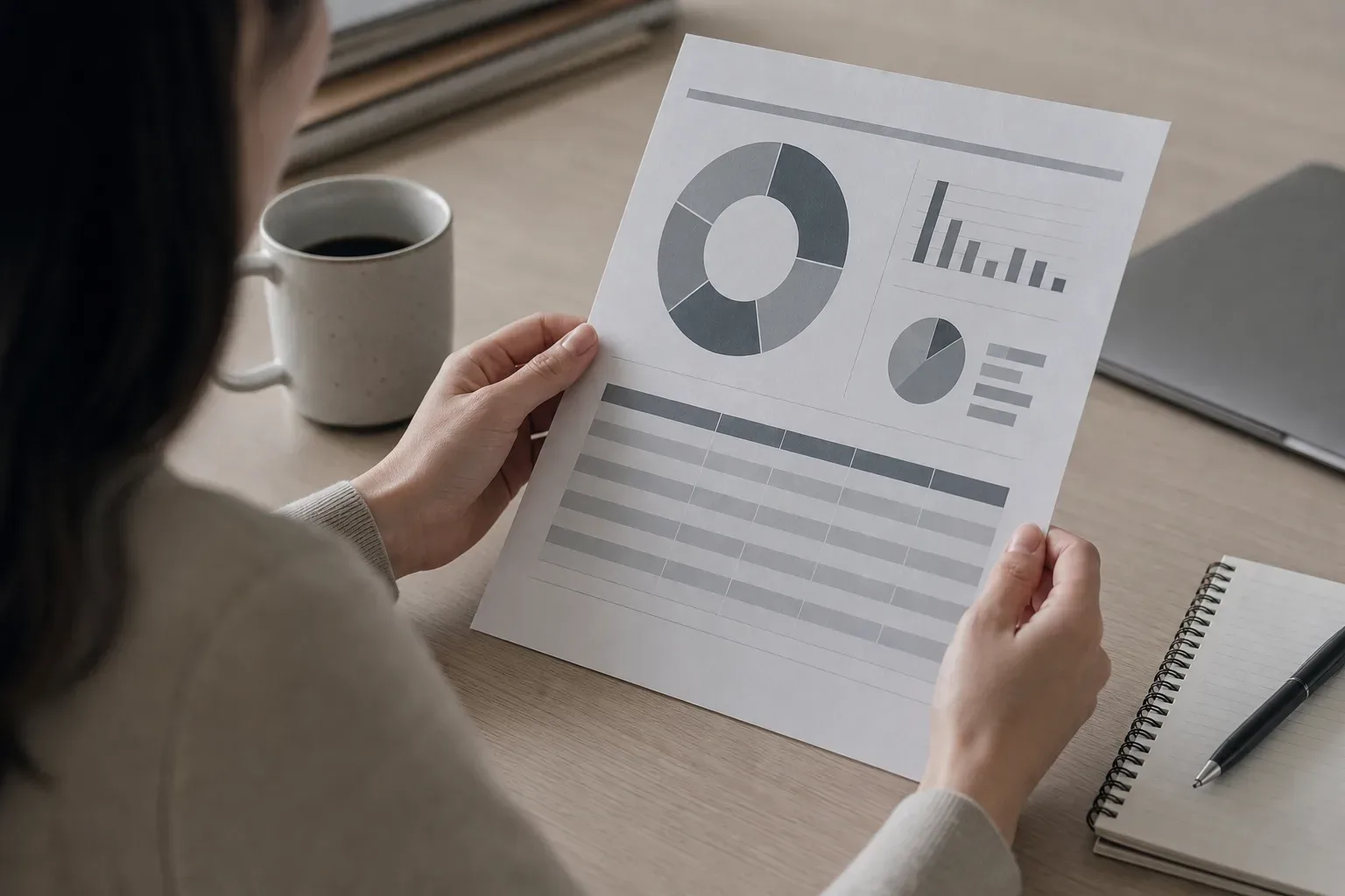 A printed cost breakdown sheet showing fees, interest and total repayment amounts on a desk