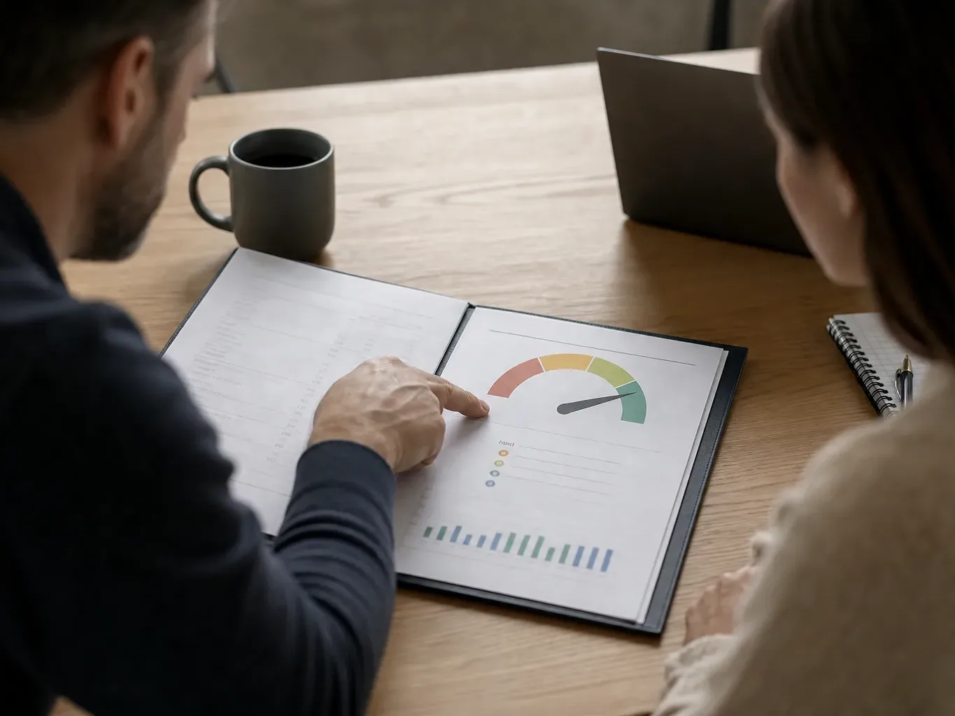 A credit score report open on a desk with a hand pointing to the score number before a refinance meeting
