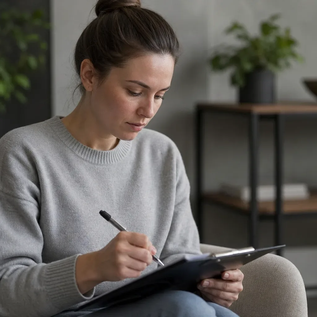 A person working through a pre-application checklist on a clipboard with a ballpoint pen