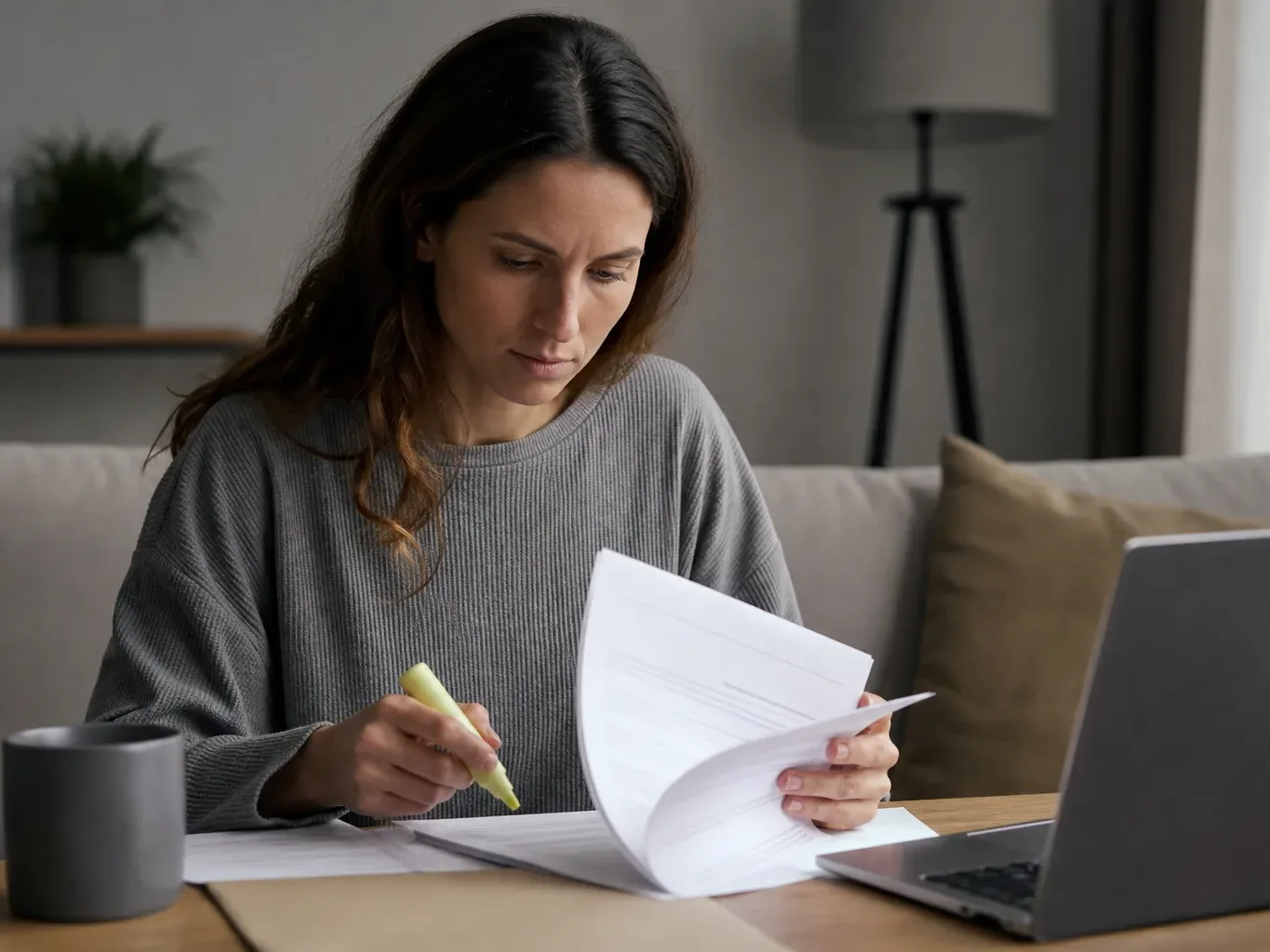 A person reading through a multi-page loan agreement with a highlighter in hand