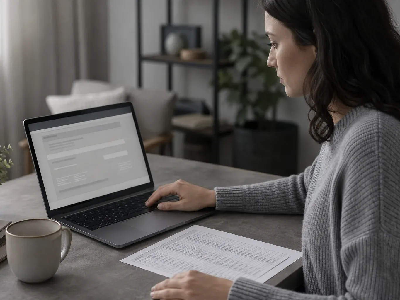 A person setting up an automatic bank transfer on a laptop with a loan schedule printed beside them