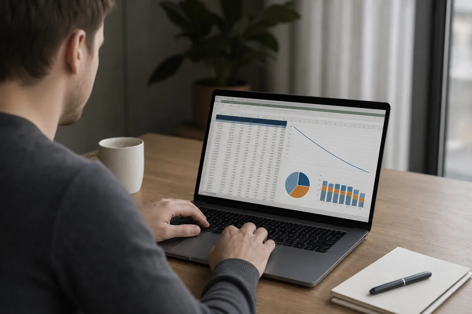 A spreadsheet open on a laptop showing a loan balance reducing month by month with interest breakdowns
