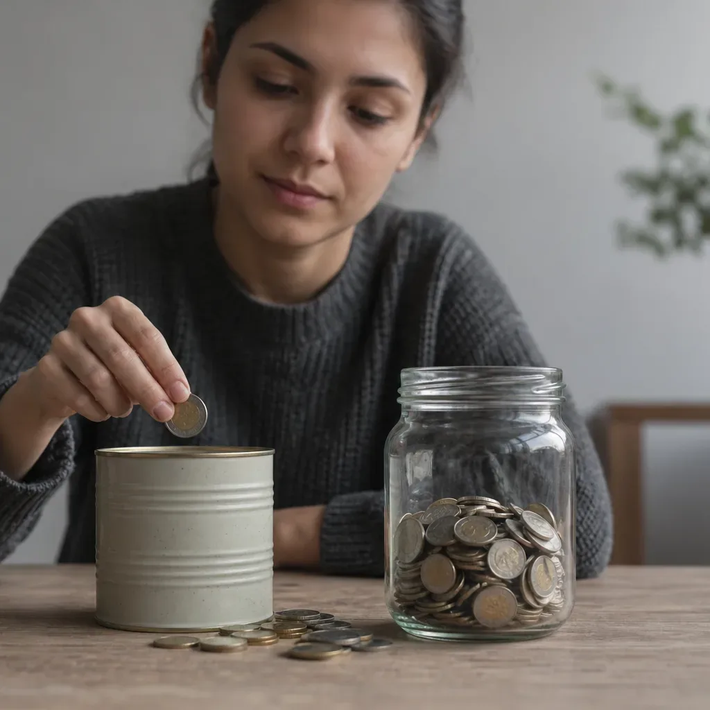A person placing coins into a savings tin next to an emergency fund label on a jar
