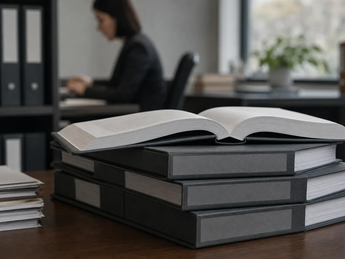 A stack of regulatory law binders with a consumer credit act volume open on top on a desk