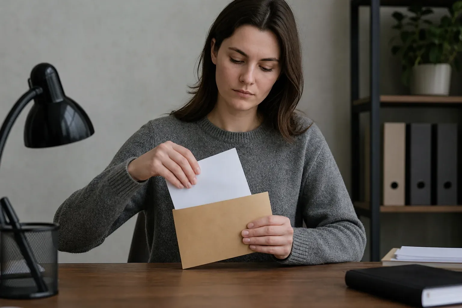 A person placing a formal written complaint letter into an envelope at a desk