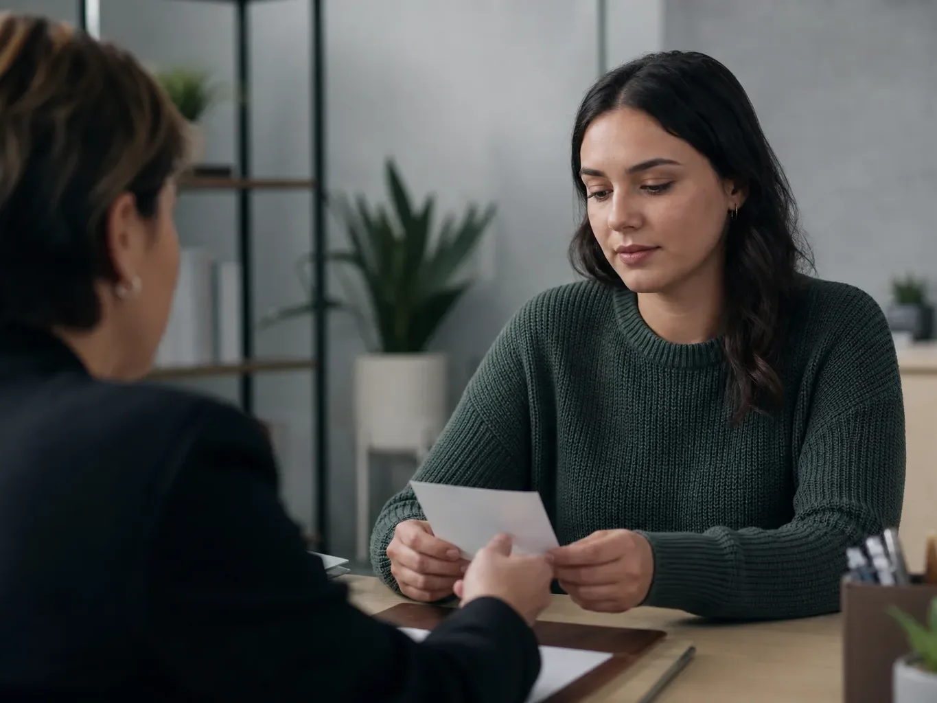 A borrower reading a rights summary card handed to them across a desk by a lender