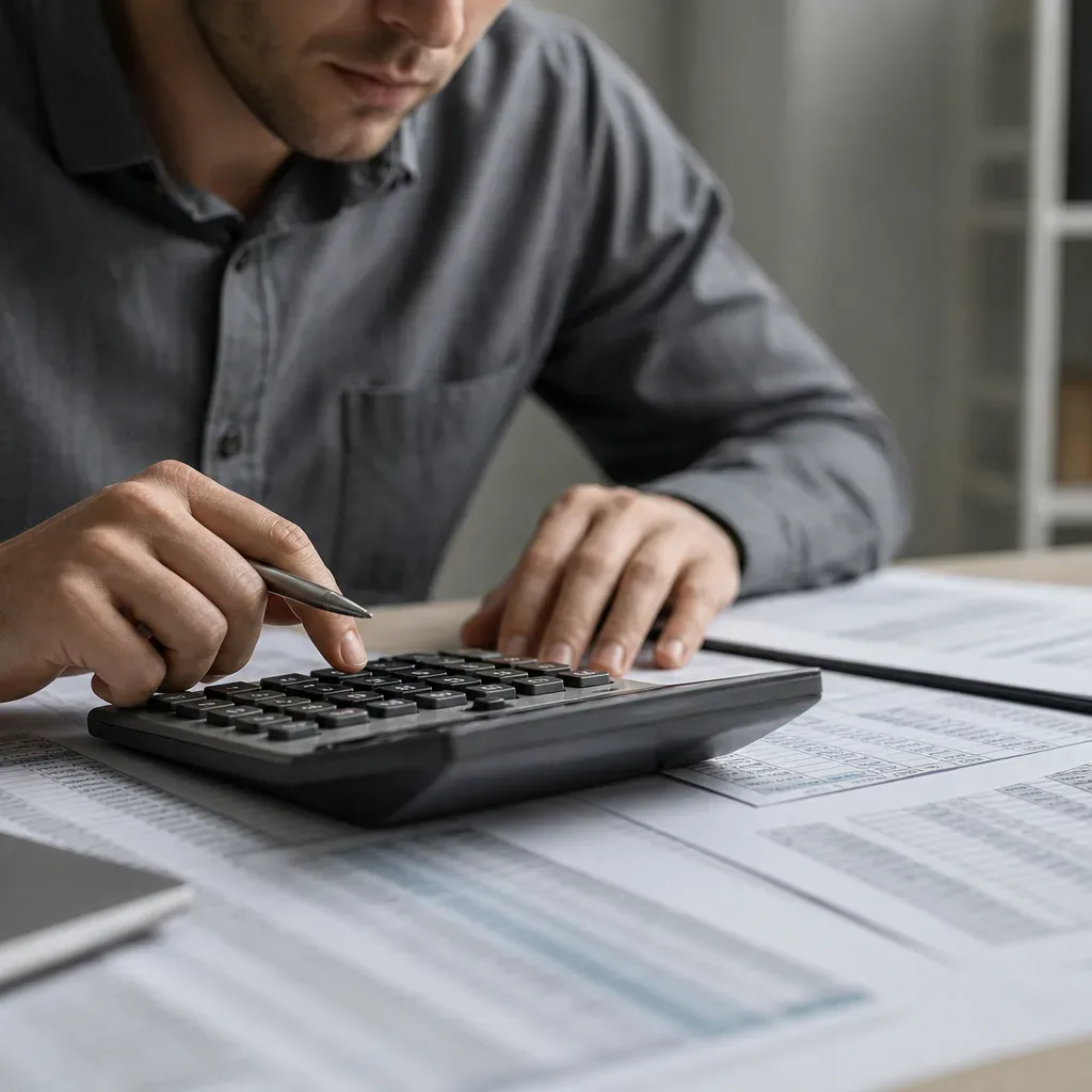 A close-up of a financial analyst's hands entering numbers into a desktop calculator with spreadsheets nearby