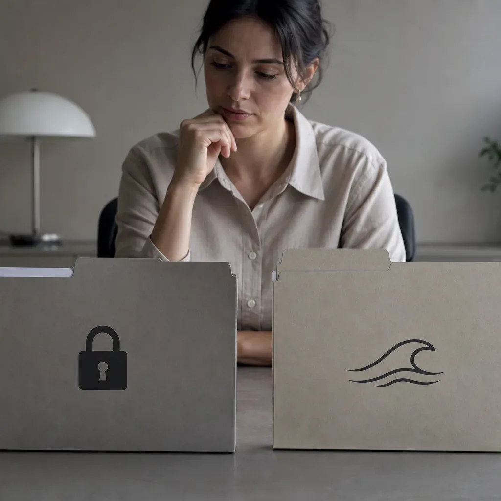 Two clearly labeled folders, one marked with a lock icon and one with a wave symbol, placed side by side on a desk
