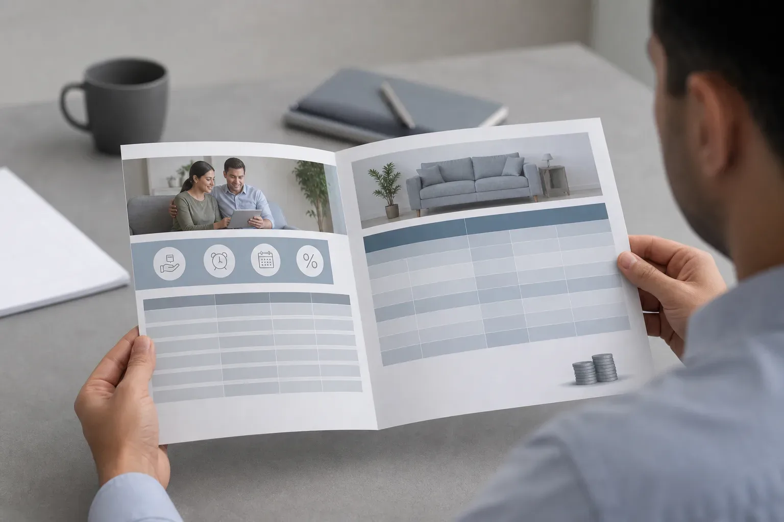 A printed personal loan product brochure open on a desk showing repayment terms and amounts