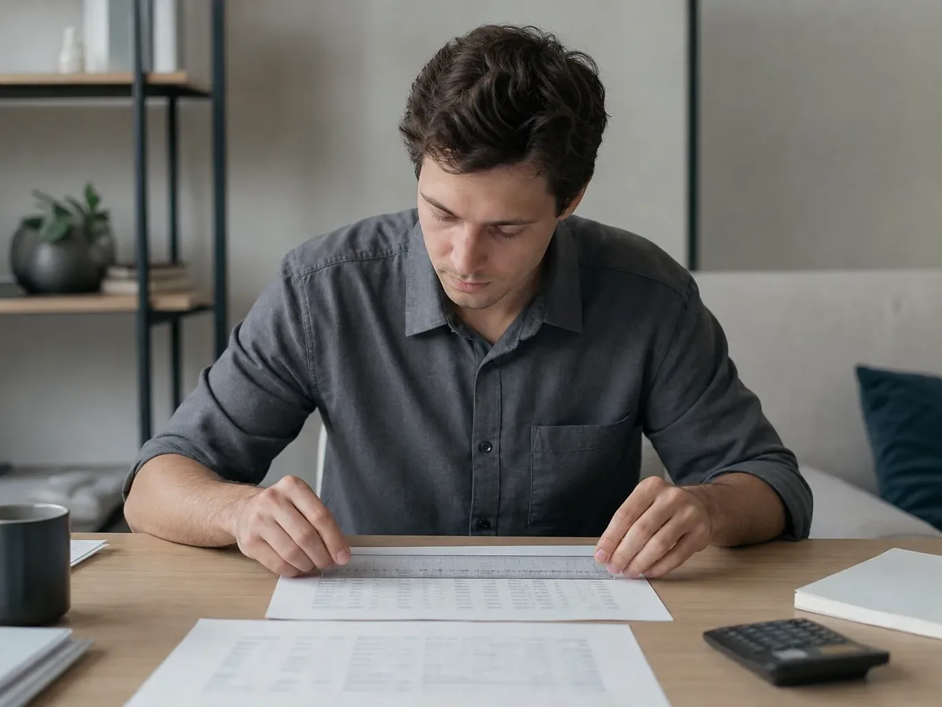 A person using a ruler to align and compare two rows of loan terms printed on paper
