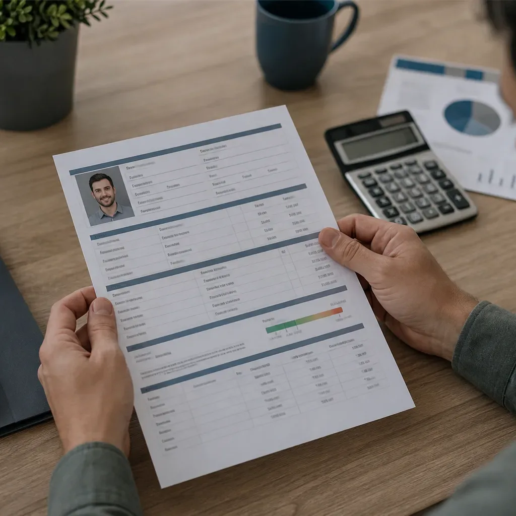 A borrower's profile sheet with income, employment, and credit fields completed and visible