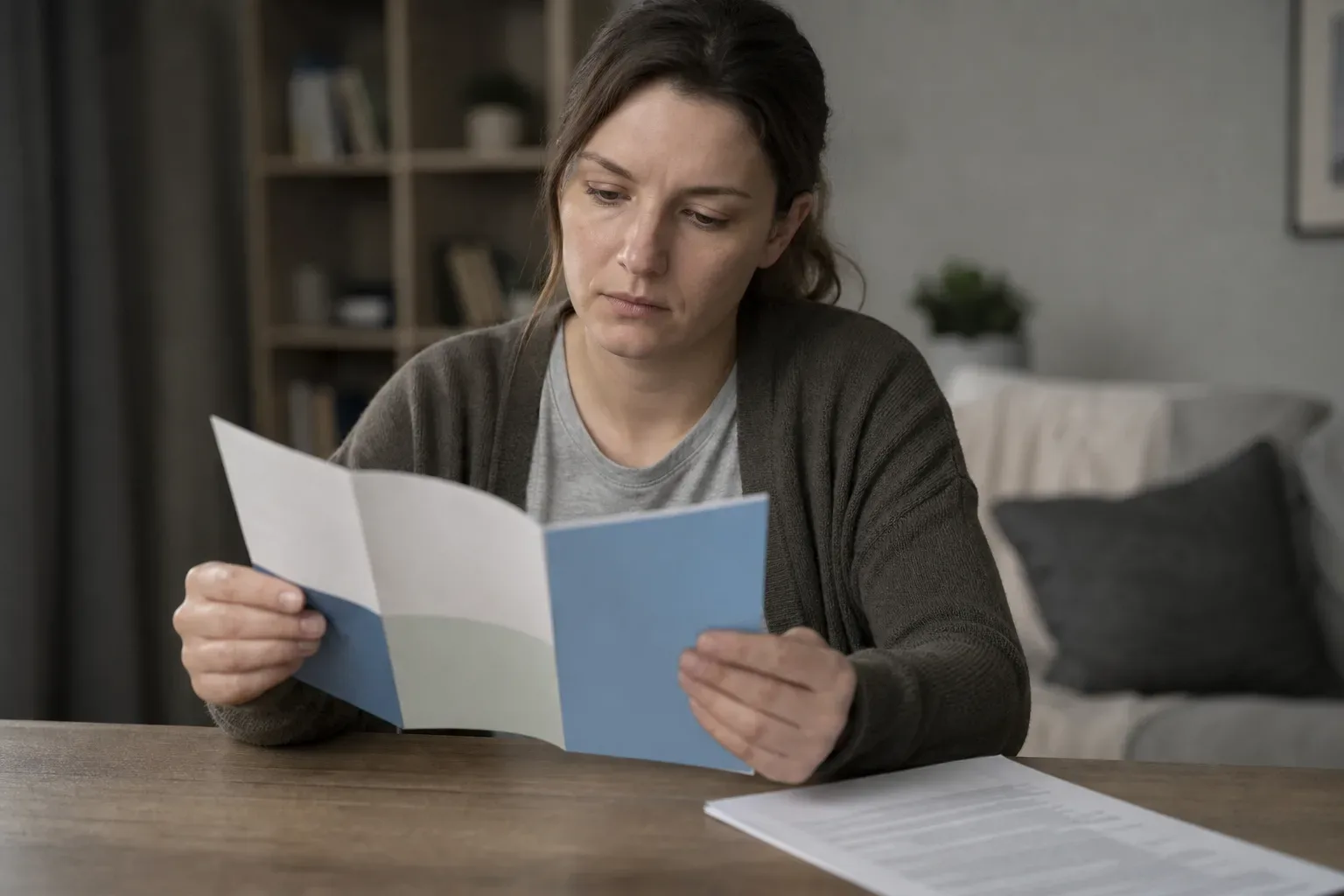 A person reading a government consumer protection leaflet with a loan agreement beside it