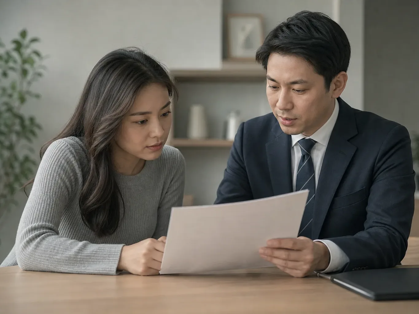 A borrower reading a pre-contract information sheet handed over by a loan officer