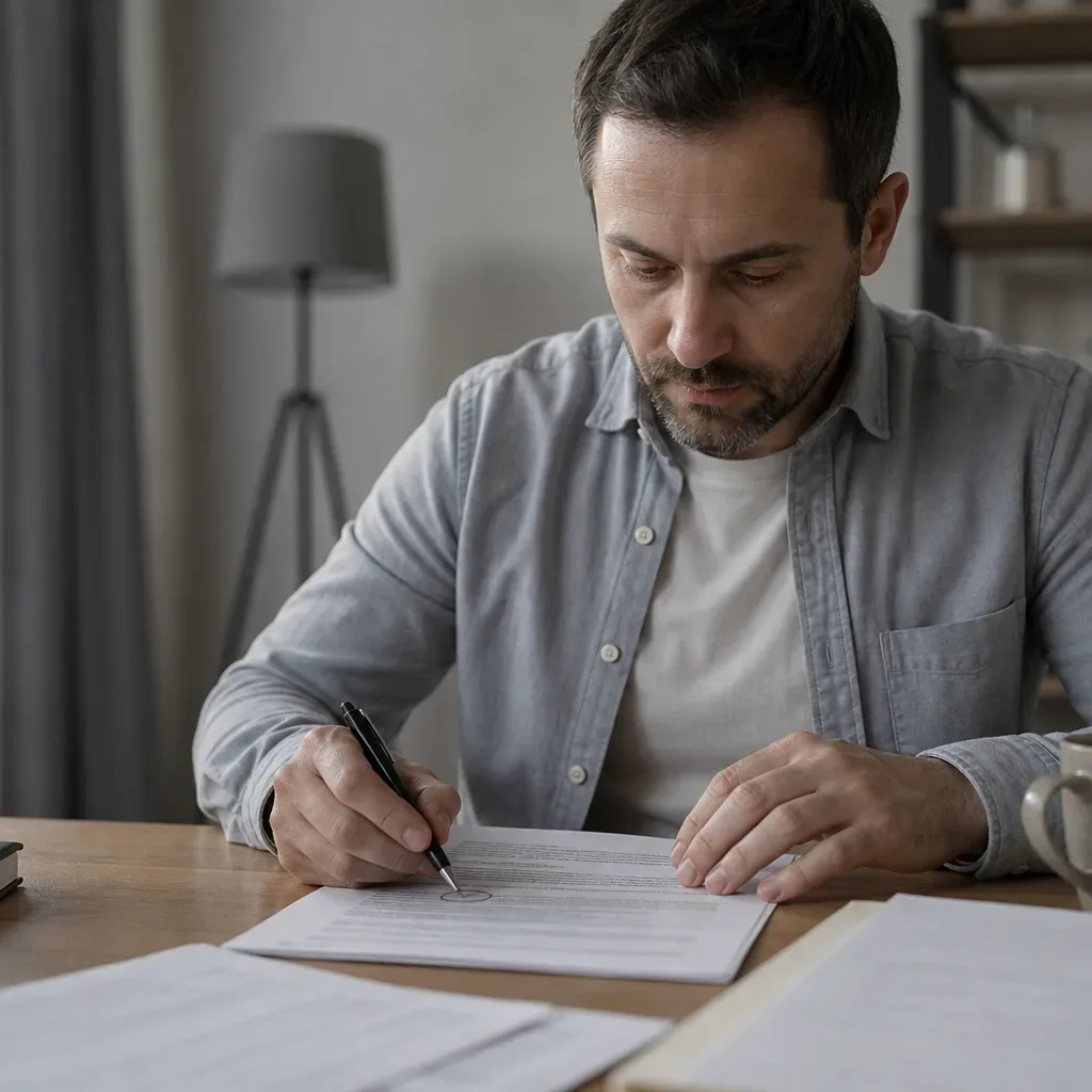 A person circling an early repayment rights clause in a printed loan contract